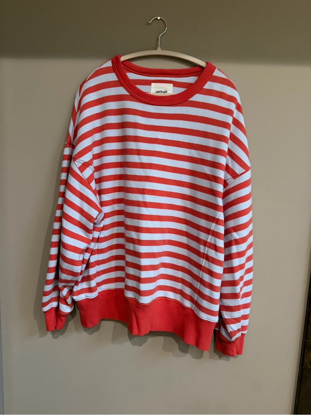 aerie Women’s Coral and White Striped Crewneck Sweater